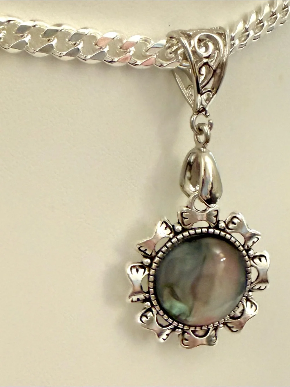 S925 Sterling Silver Abalone Shell Pendant Necklace Floral Artisan Statement